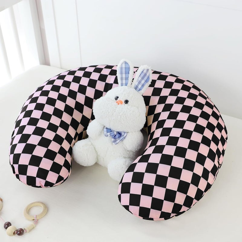 DILIMI Nursing Pillow Cover, Stretchy Removable Case for Breastfeeding Pillows, Ultra Soft Comfortable Slipcover for Baby Girl and Boy, Black Pink Checkered - Image 2